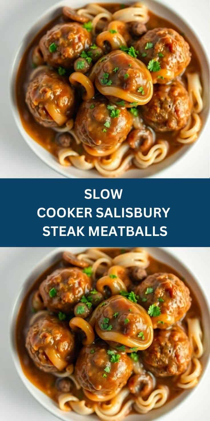 Slow cooker Salisbury steak meatballs with caramelized onions, noodles, and parsley garnish in white bowl.