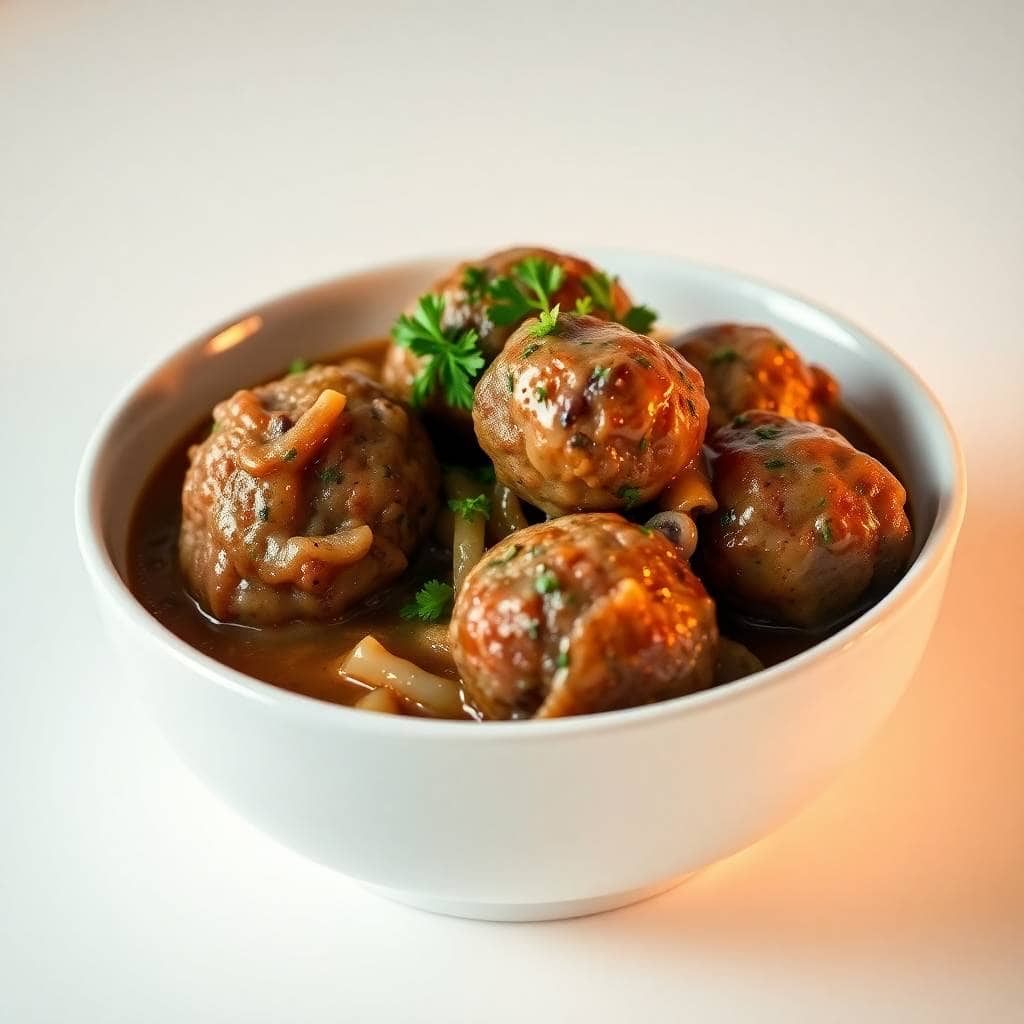 Slow cooker Salisbury steak meatballs in rich brown gravy, garnished with parsley in white bowl.