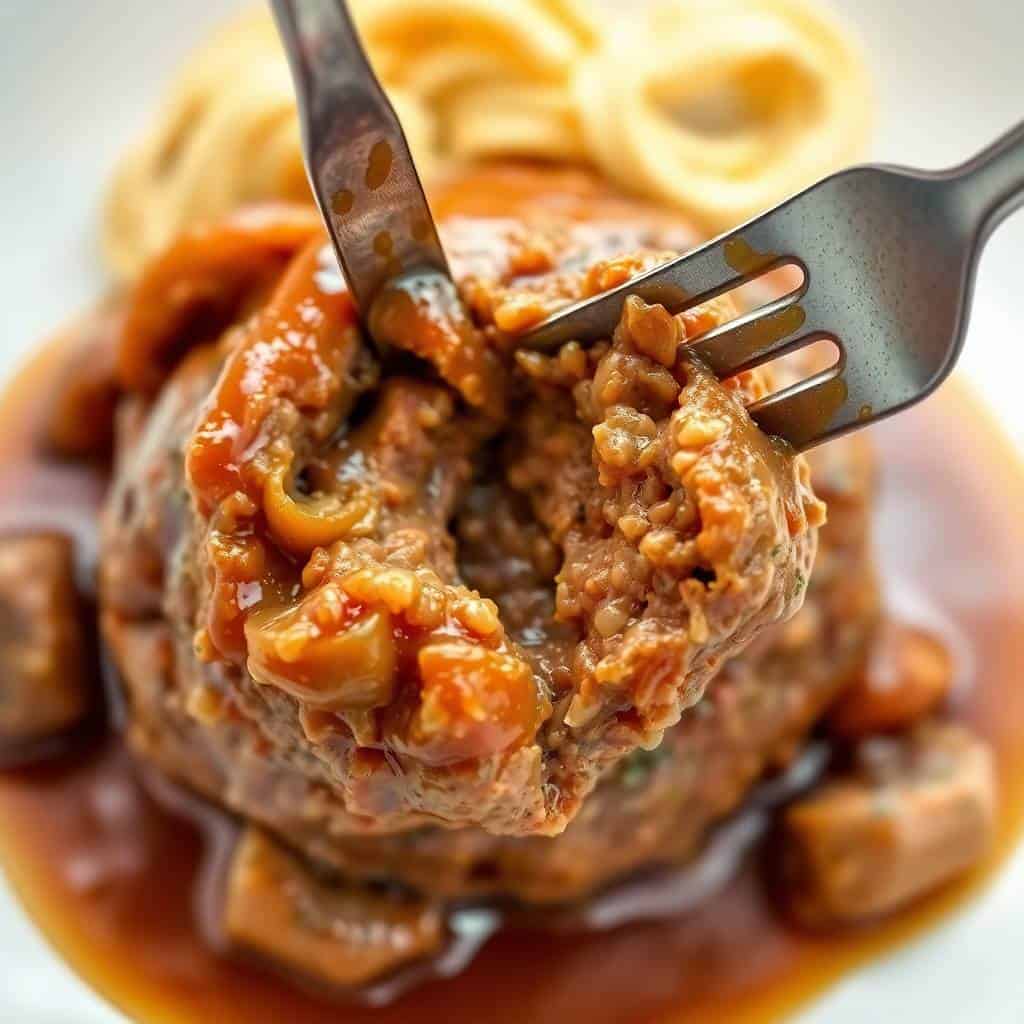 Slow cooker Salisbury steak meatballs with glossy brown gravy sauce on fork, blurred side dish background.