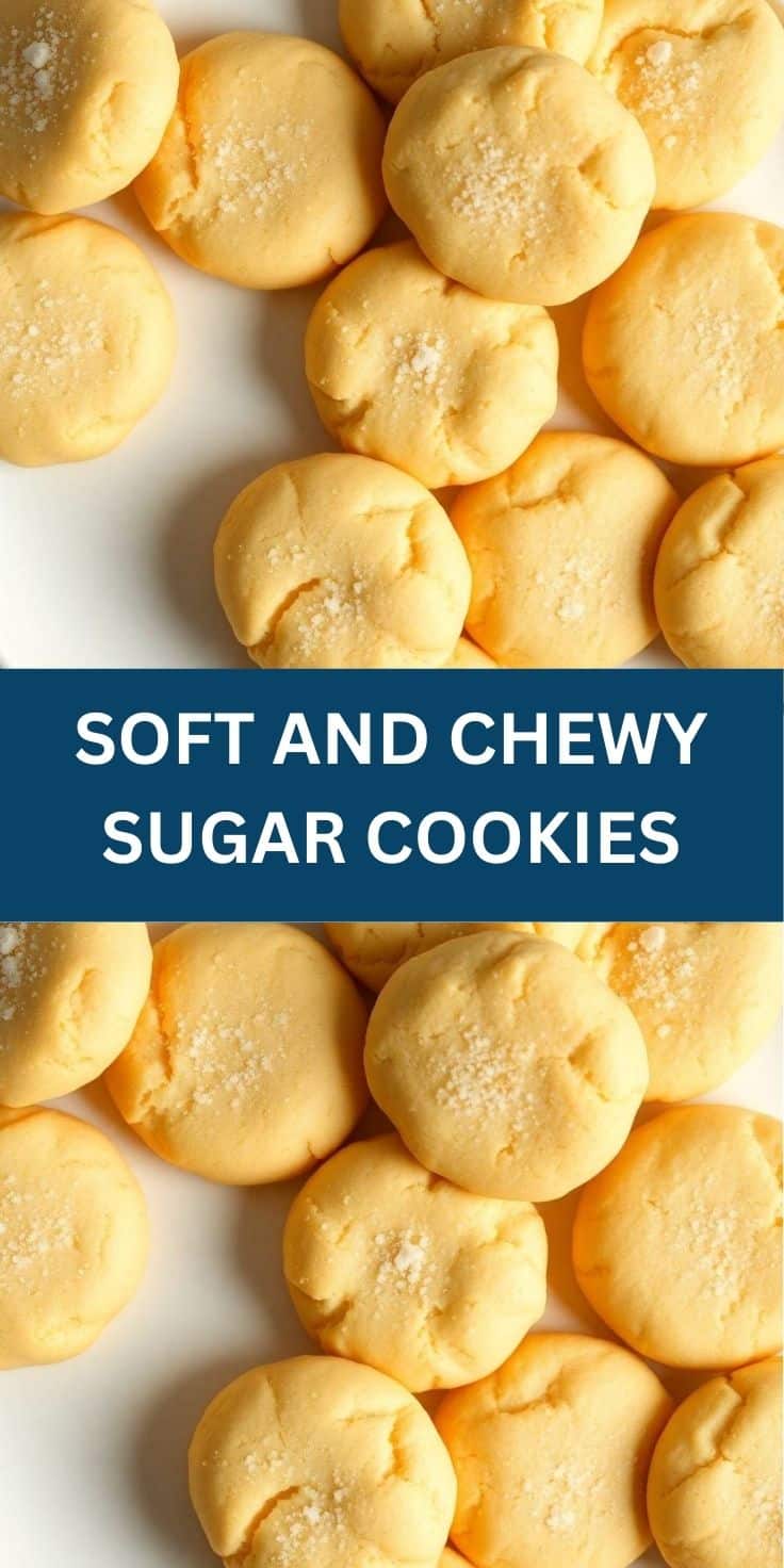 Soft and chewy sugar cookies with coarse sugar coating on white surface.