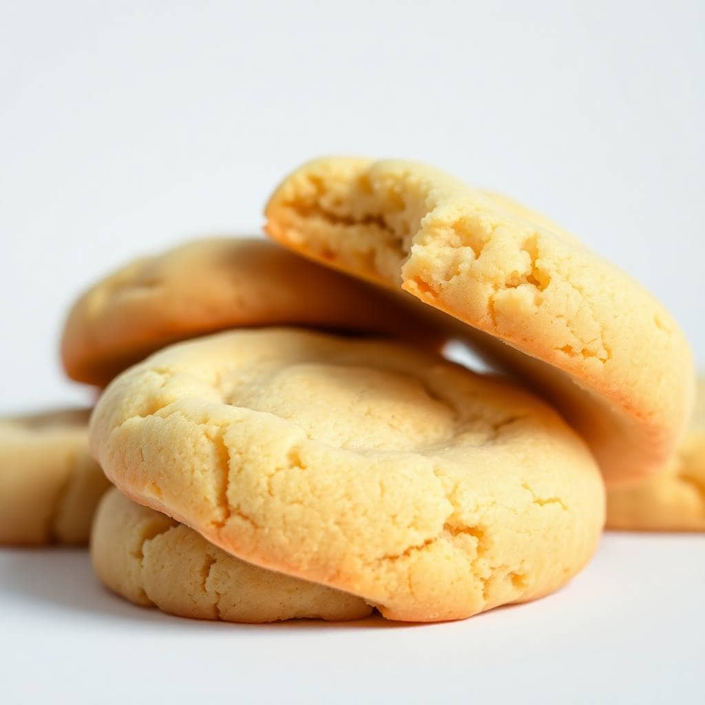 Soft and chewy sugar cookies with golden-brown edges stacked on white surface.