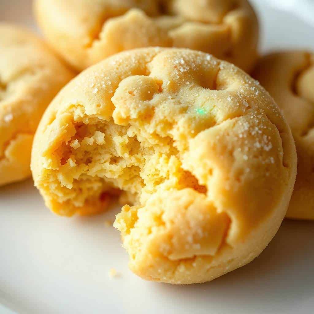 Soft sugar cookies with crackled tops and coarse sugar crystals on white surface.