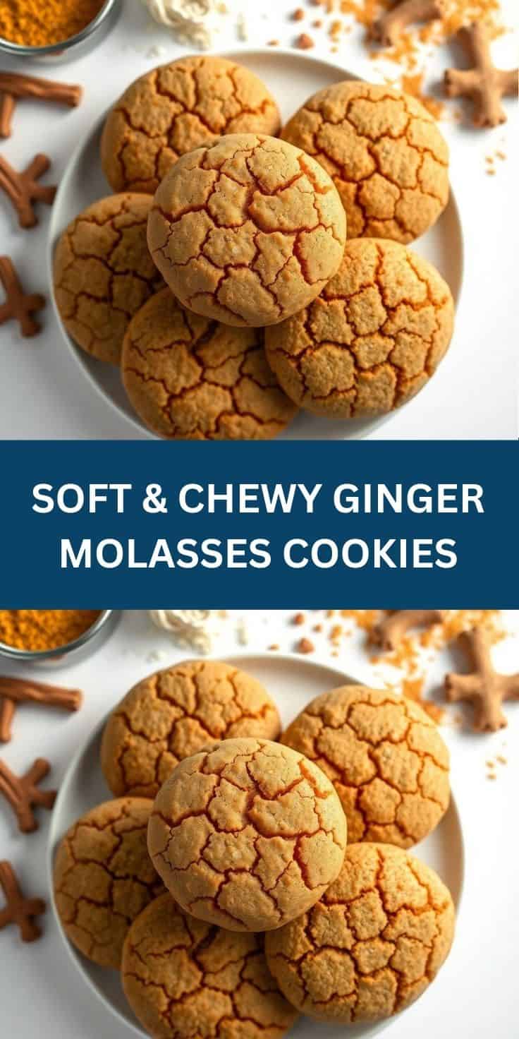 Soft and chewy ginger molasses cookies with cracked tops on white plate, surrounded by cinnamon sticks.