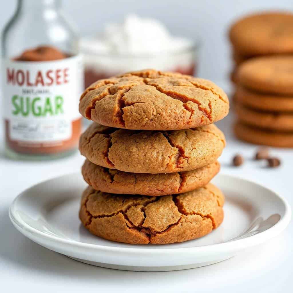 Stack of four soft ginger molasses cookies on white plate with molasses jar and whipped cream in background.