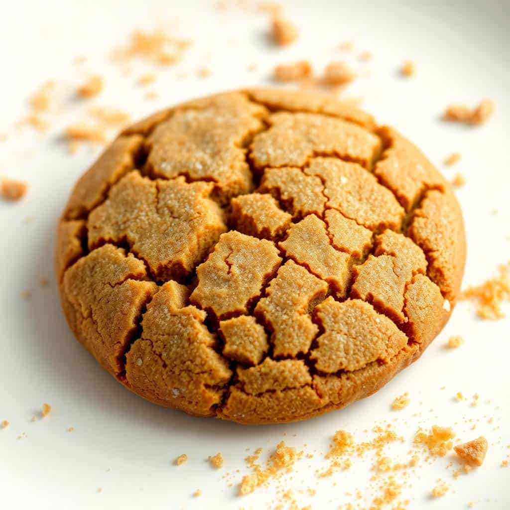 Soft ginger molasses cookie with cracked sugar-coated surface on white background with crumbs.