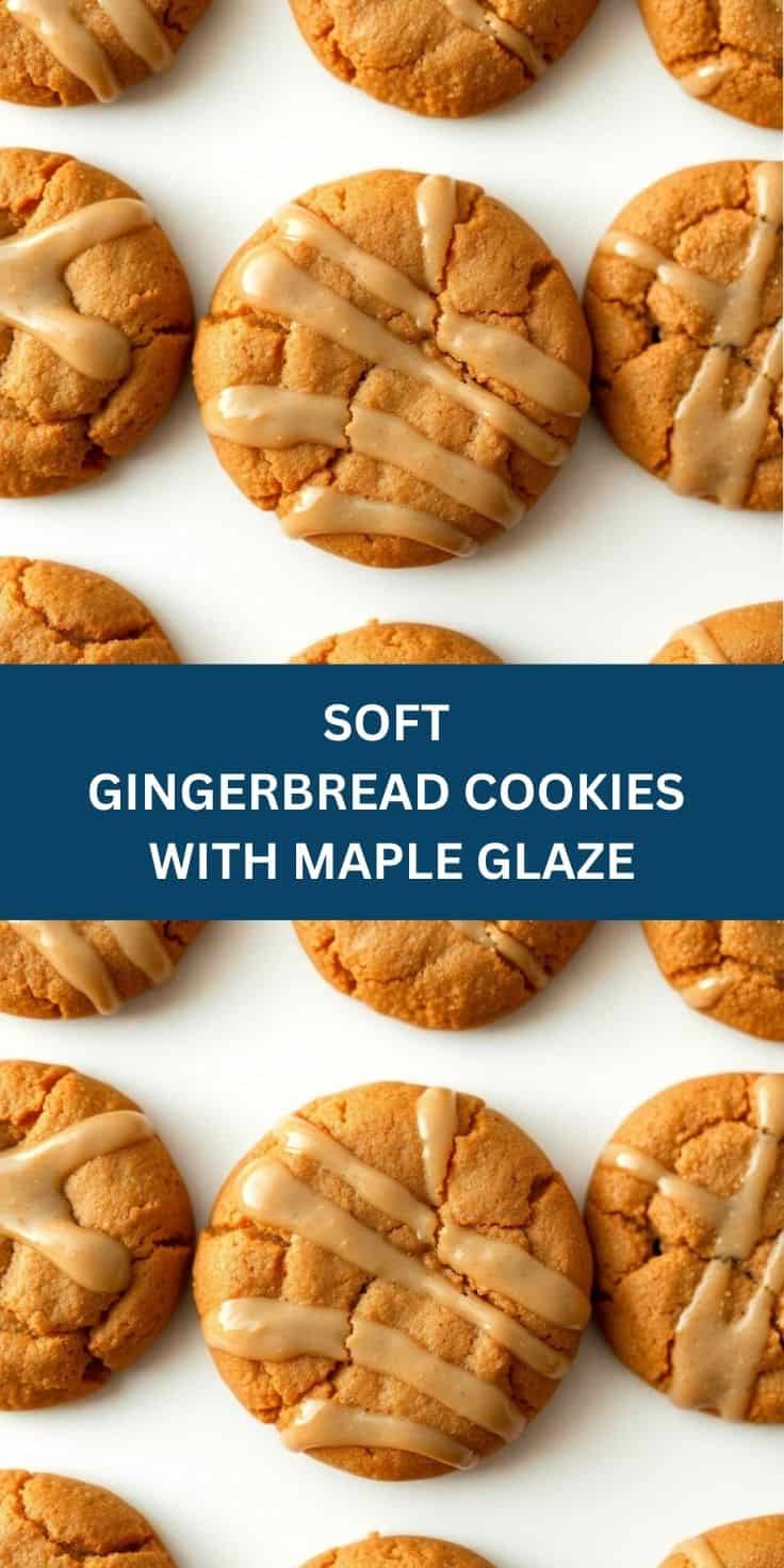 Soft gingerbread cookies with maple glaze drizzle arranged on white background.