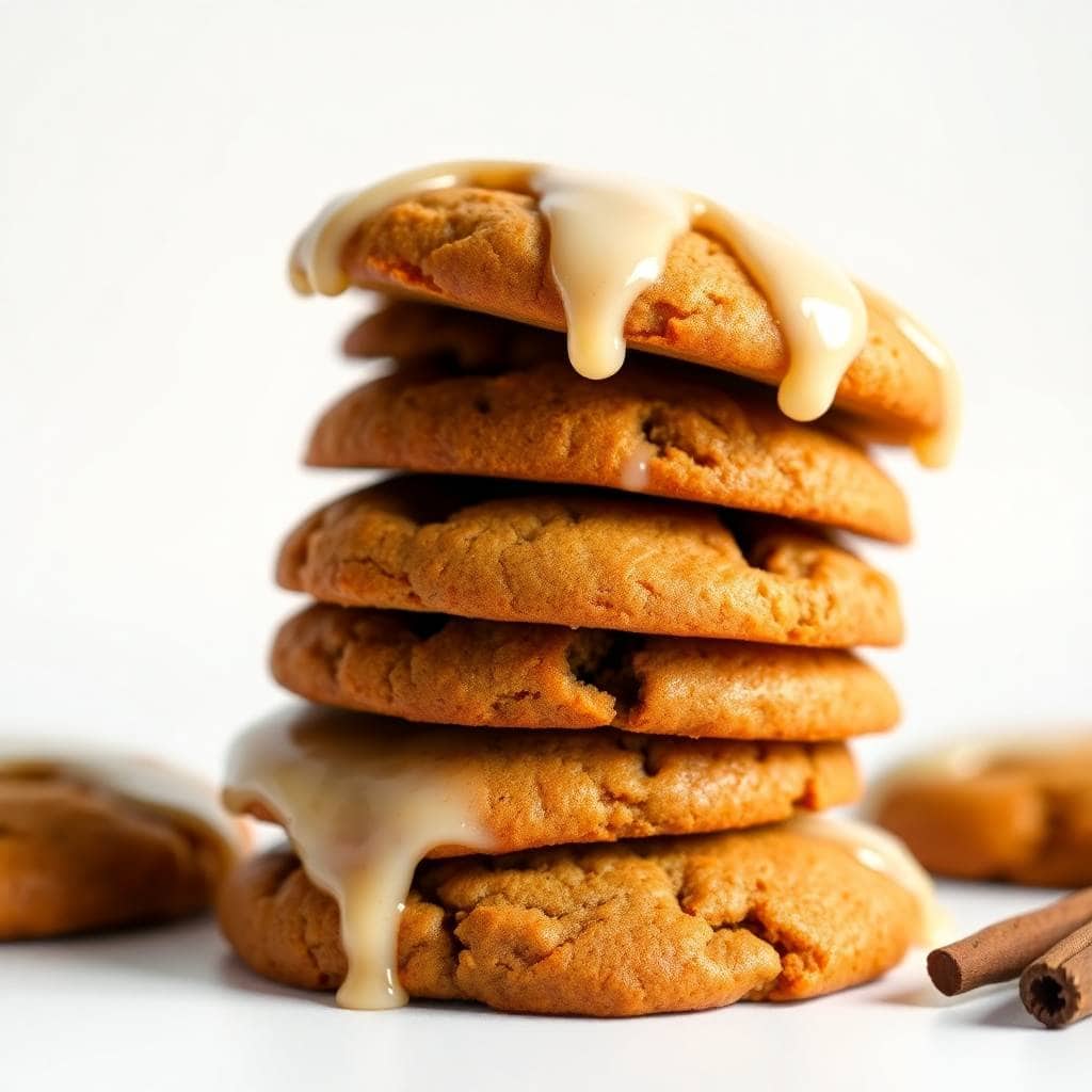 Stacked soft gingerbread cookies with maple glaze drip and cinnamon sticks on white surface.