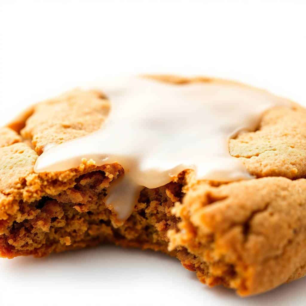 Soft gingerbread cookies with white maple glaze drizzle on white surface.