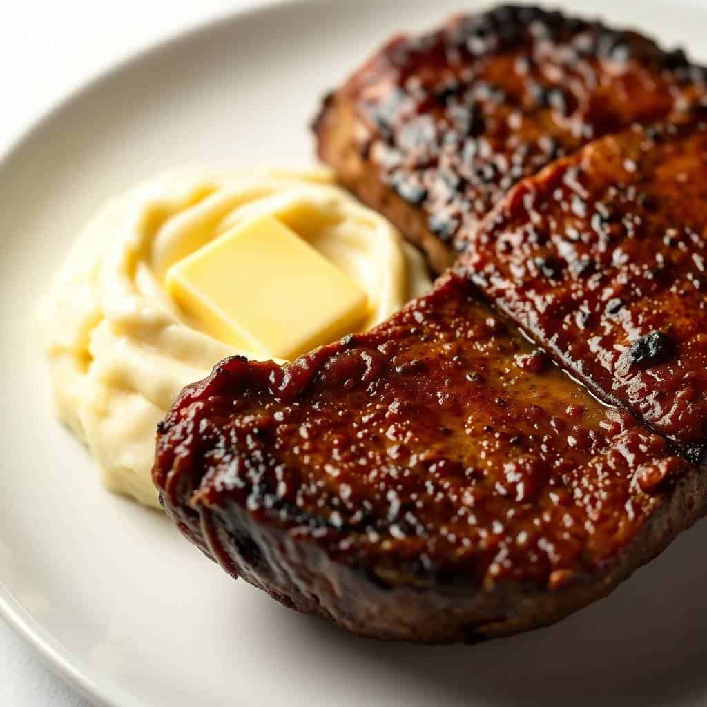 Seared steak with caramelized crust served with creamy mashed potatoes and melting butter on white plate.