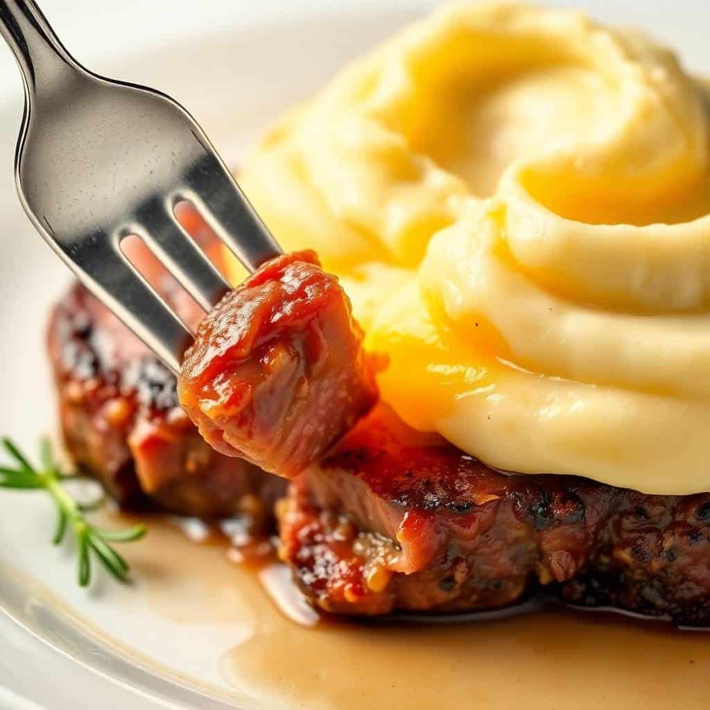 Fork cutting into seared steak topped with red sauce, served with creamy mashed potatoes and rosemary garnish.