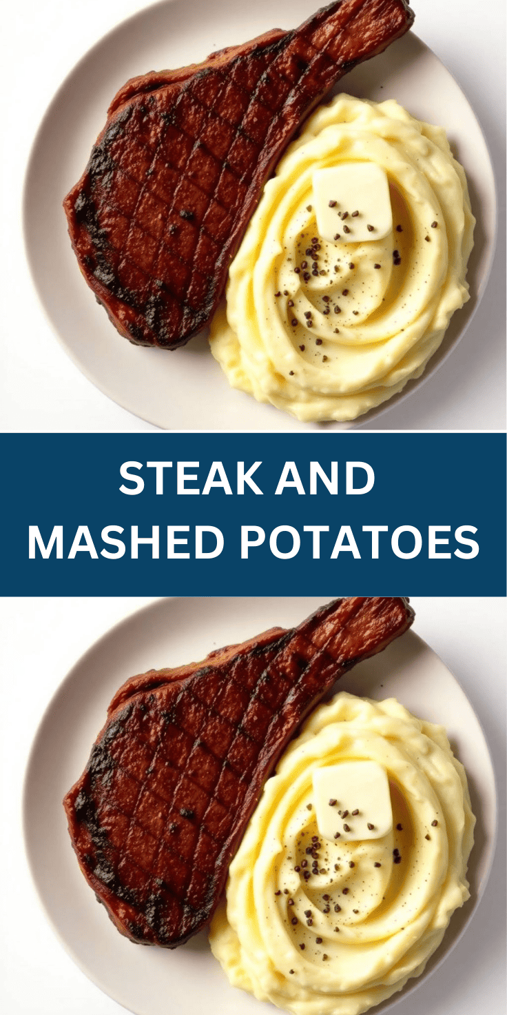Seared steak and creamy mashed potatoes with black pepper on white plate.