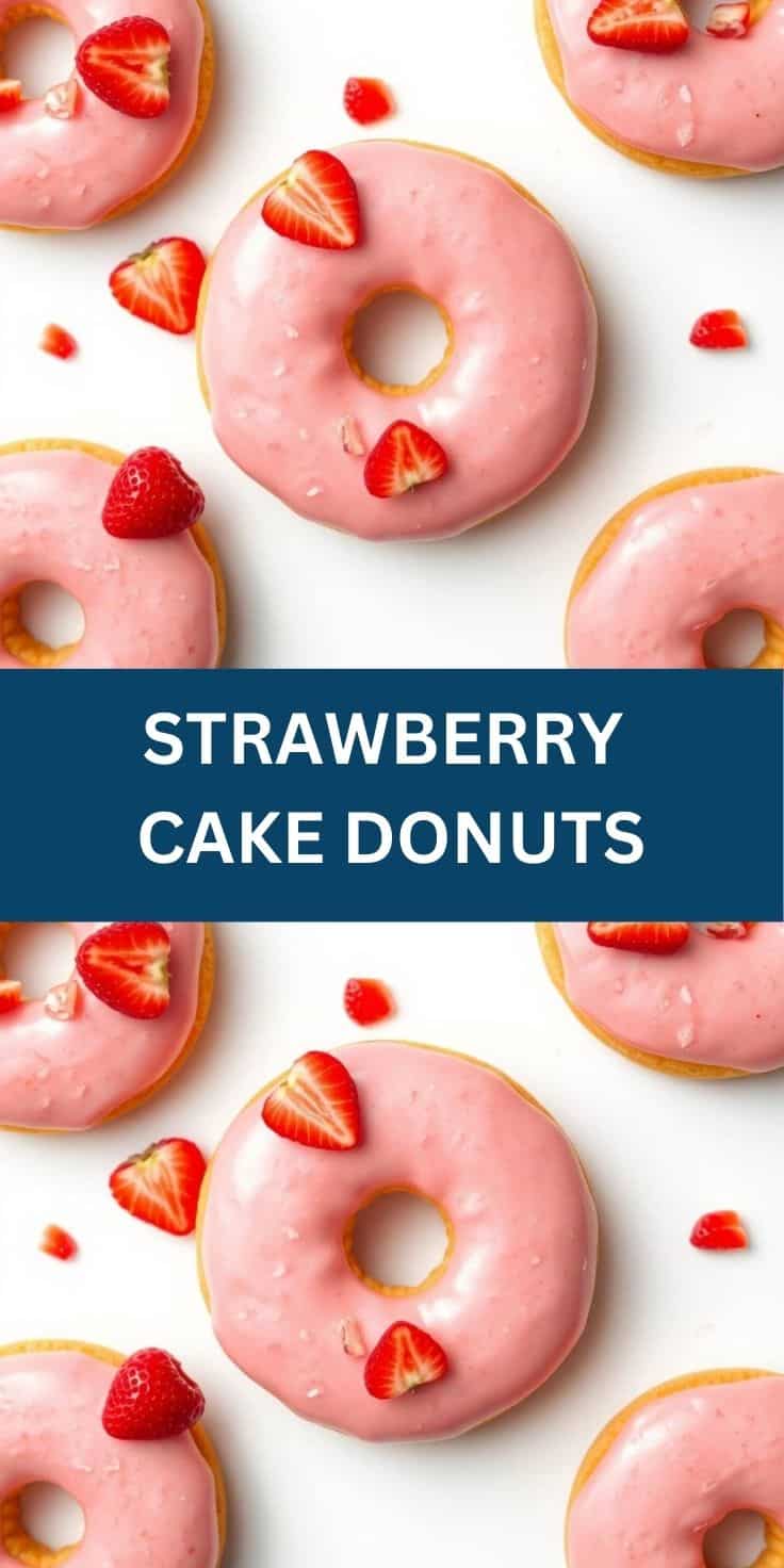 Strawberry cake donuts with pink frosting and fresh strawberry slices on white background.