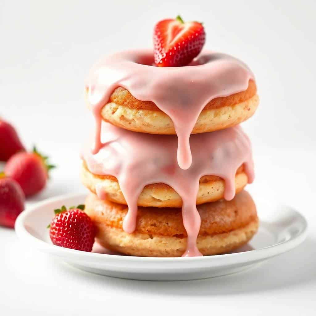 Stacked strawberry cake donuts with pink glaze dripping down, topped with fresh strawberry on white plate.