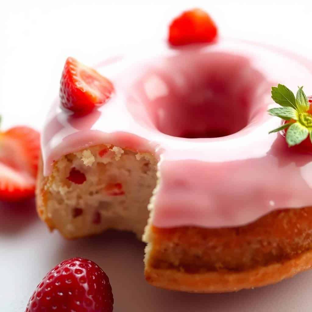 Strawberry cake donuts with pink glaze, fresh strawberries, and mint garnish on white surface.