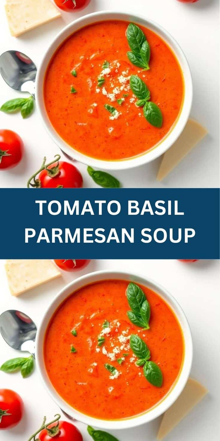 Vibrant tomato basil parmesan soup garnished with fresh basil leaves and grated cheese in white bowl.