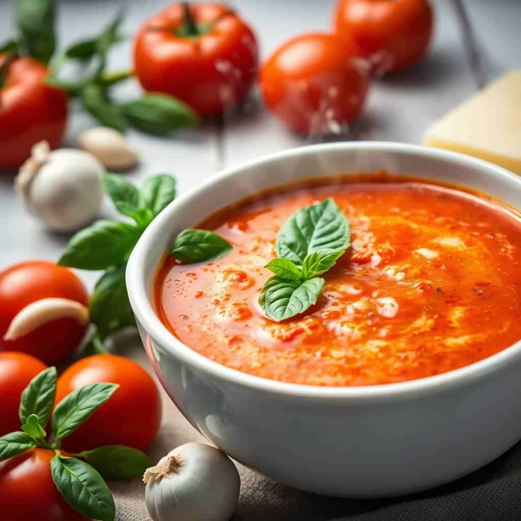 Tomato basil parmesan soup in white bowl, garnished with fresh basil, surrounded by tomatoes, garlic, and cheese.