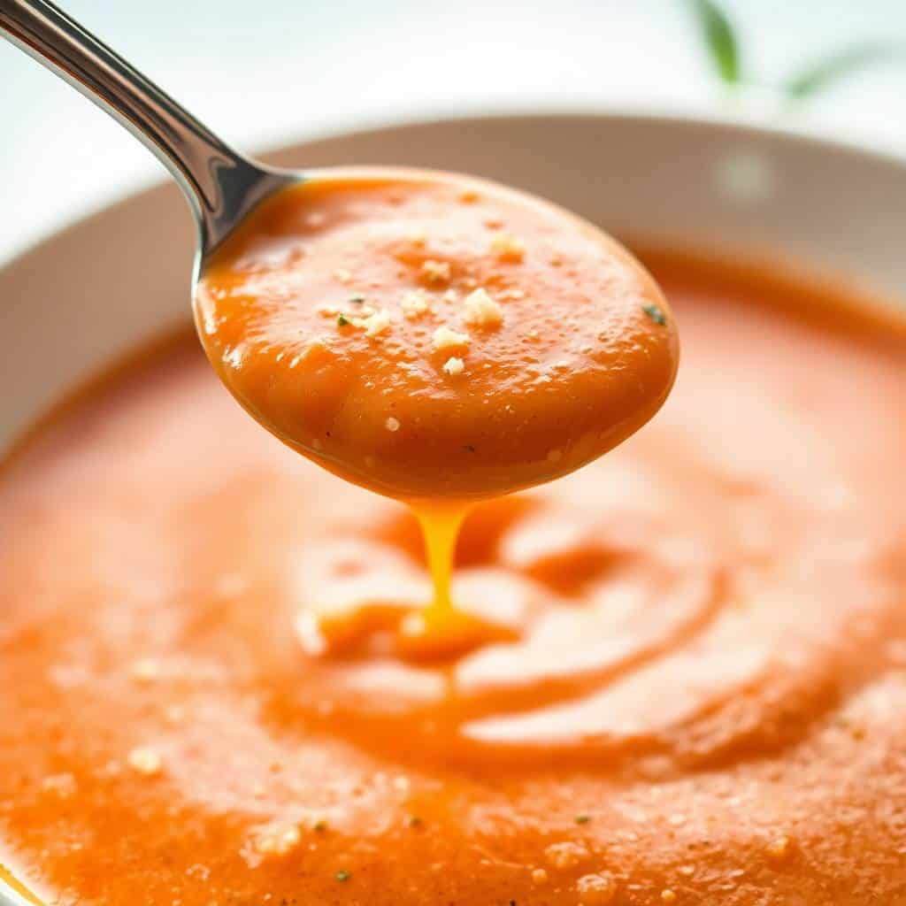 Spoonful of tomato basil parmesan soup dripping over bowl of creamy orange soup with herbs.