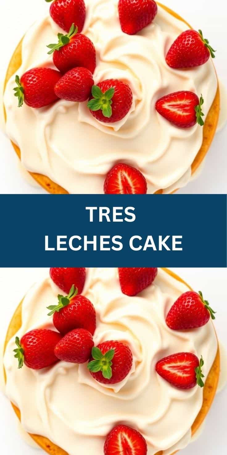 Tres leches cake with whipped cream frosting and fresh strawberries on golden sponge cake.