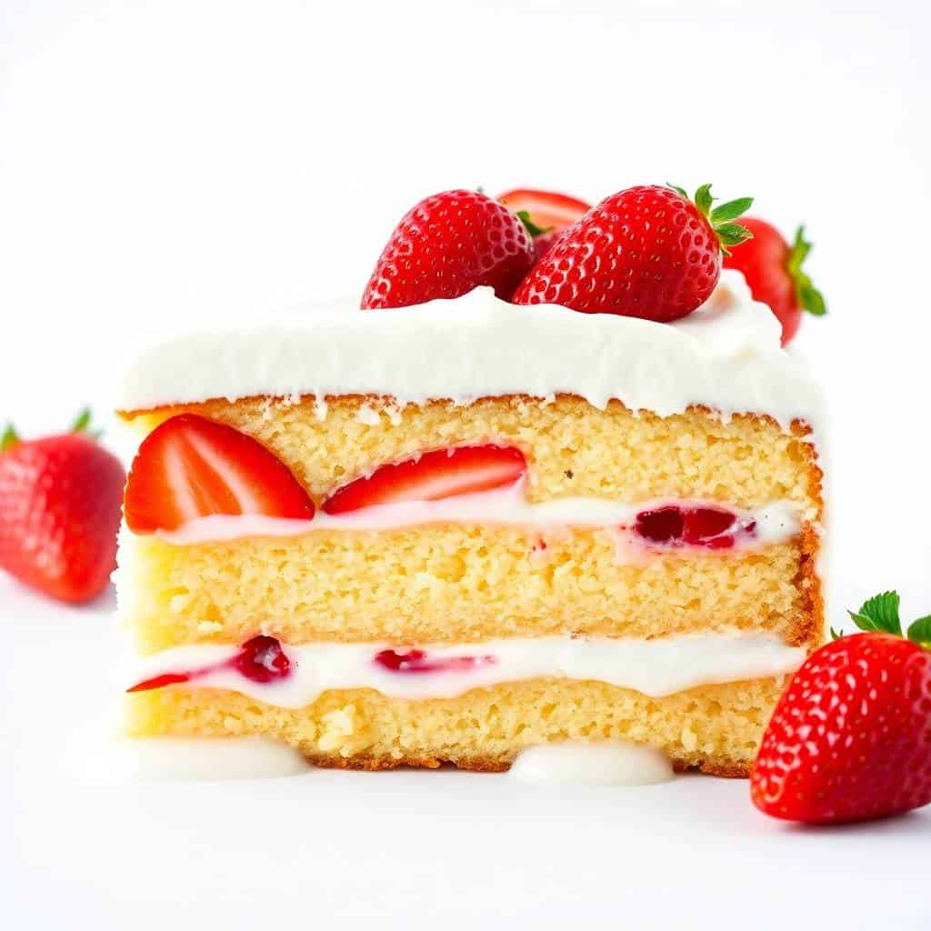 Layered strawberry cake with white cream frosting and fresh strawberry garnish on white background.