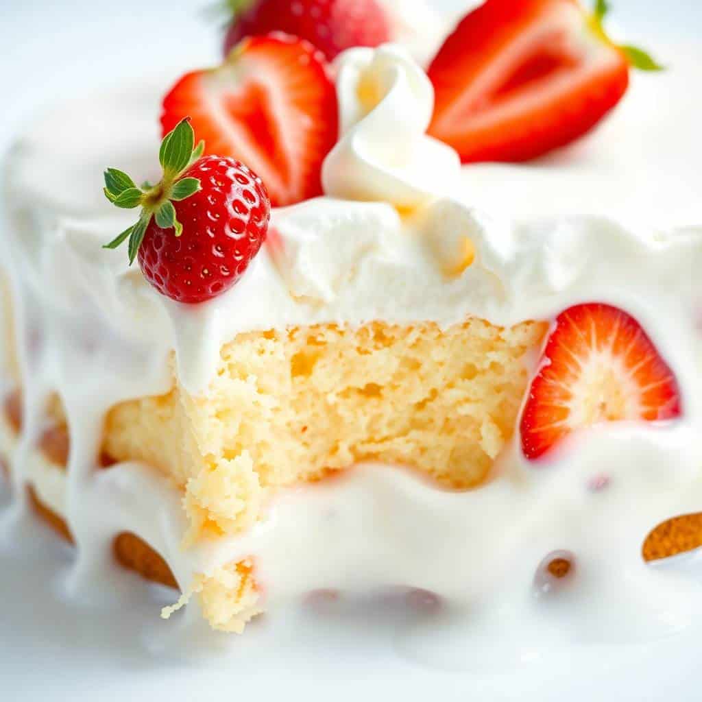 Tres Leches Cake slice with whipped cream frosting, fresh strawberries, and cake crumbs on white plate.