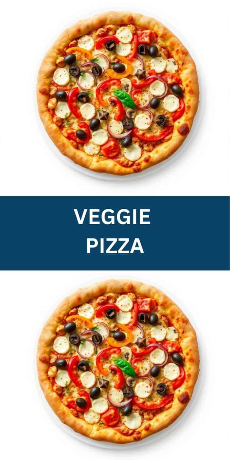 Two vegetarian pizzas topped with mozzarella, red peppers, black olives, mushrooms, and fresh basil.