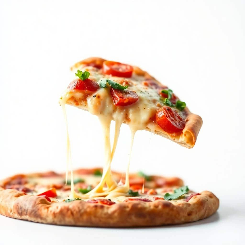 Fresh veggie pizza slice with melted cheese, tomatoes, and parsley garnish stretching from whole pie.