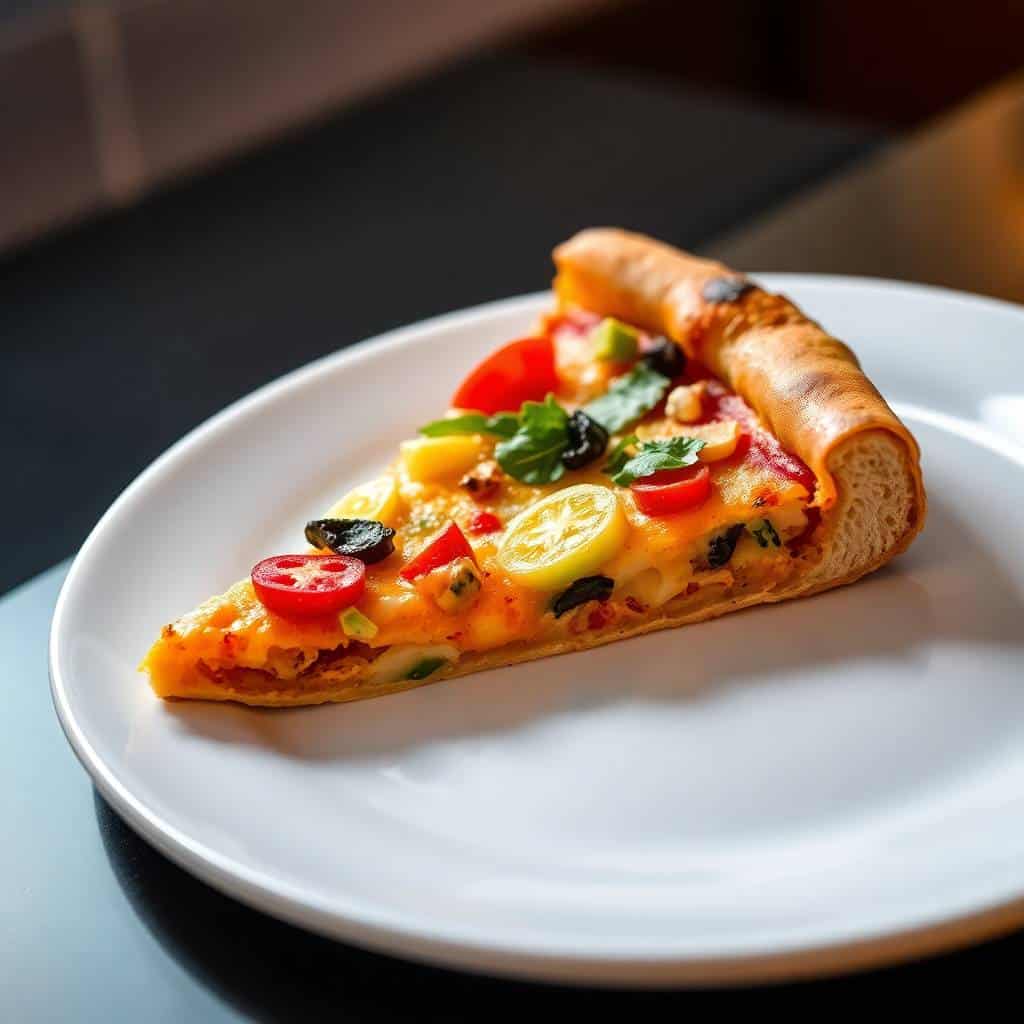 Slice of veggie pizza with melted cheese, tomato, lemon, and fresh herbs on white plate.