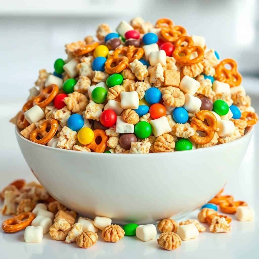 White bowl filled with colorful snack mix: pretzels, cereal, marshmallows, and candy-coated chocolates.