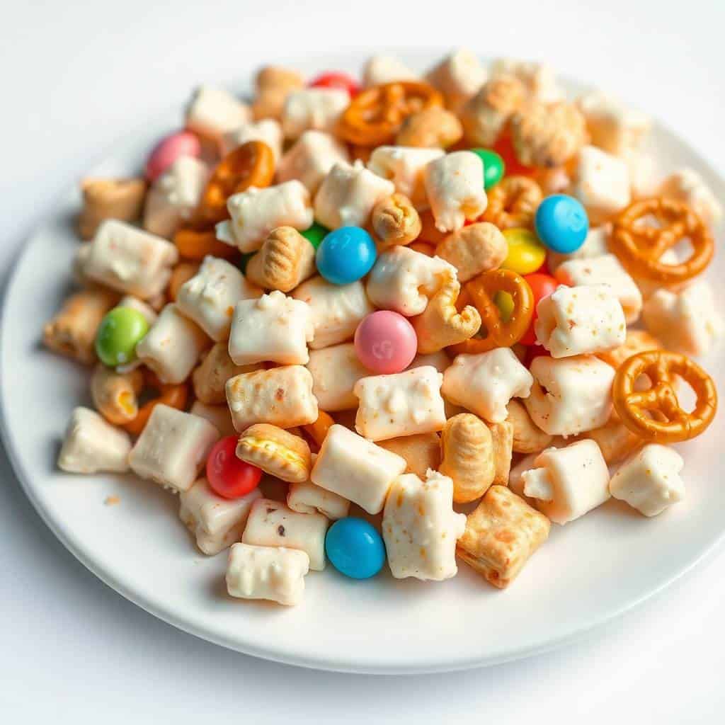 White trash snack mix on white plate: popcorn, pretzels, cereal, marshmallows, and colorful candy pieces.