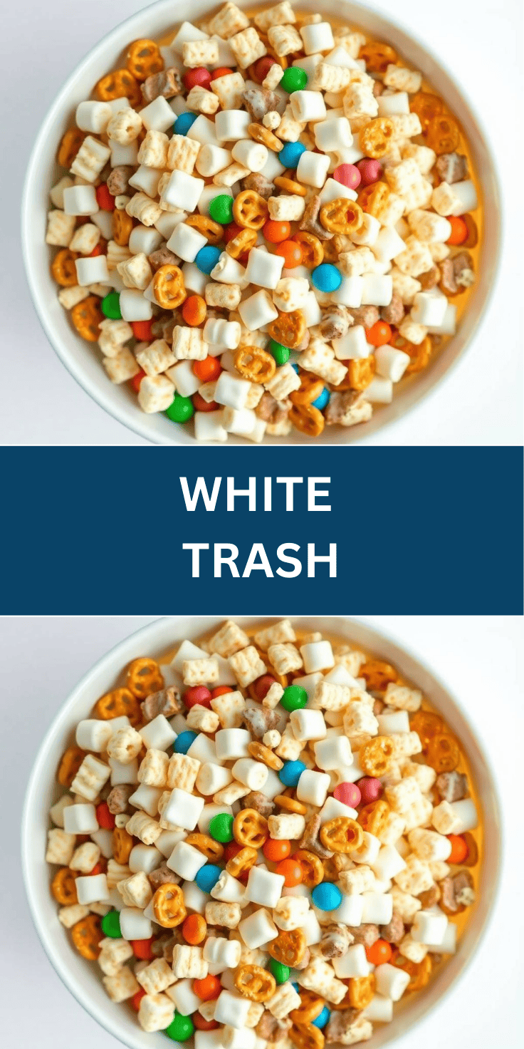 White Trash snack mix in white bowl with cereal, marshmallows, pretzels, and colorful candies.
