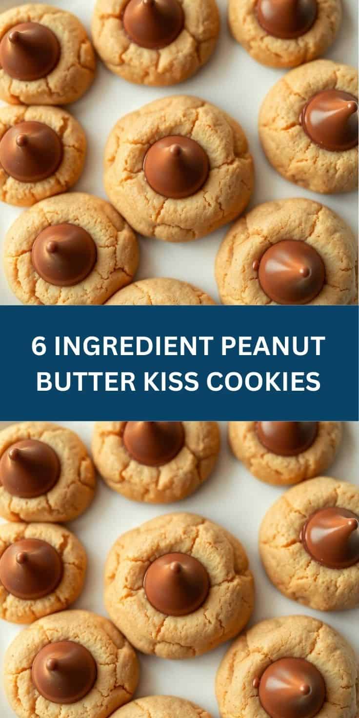 Golden peanut butter kiss cookies with chocolate candy centers arranged on white surface.