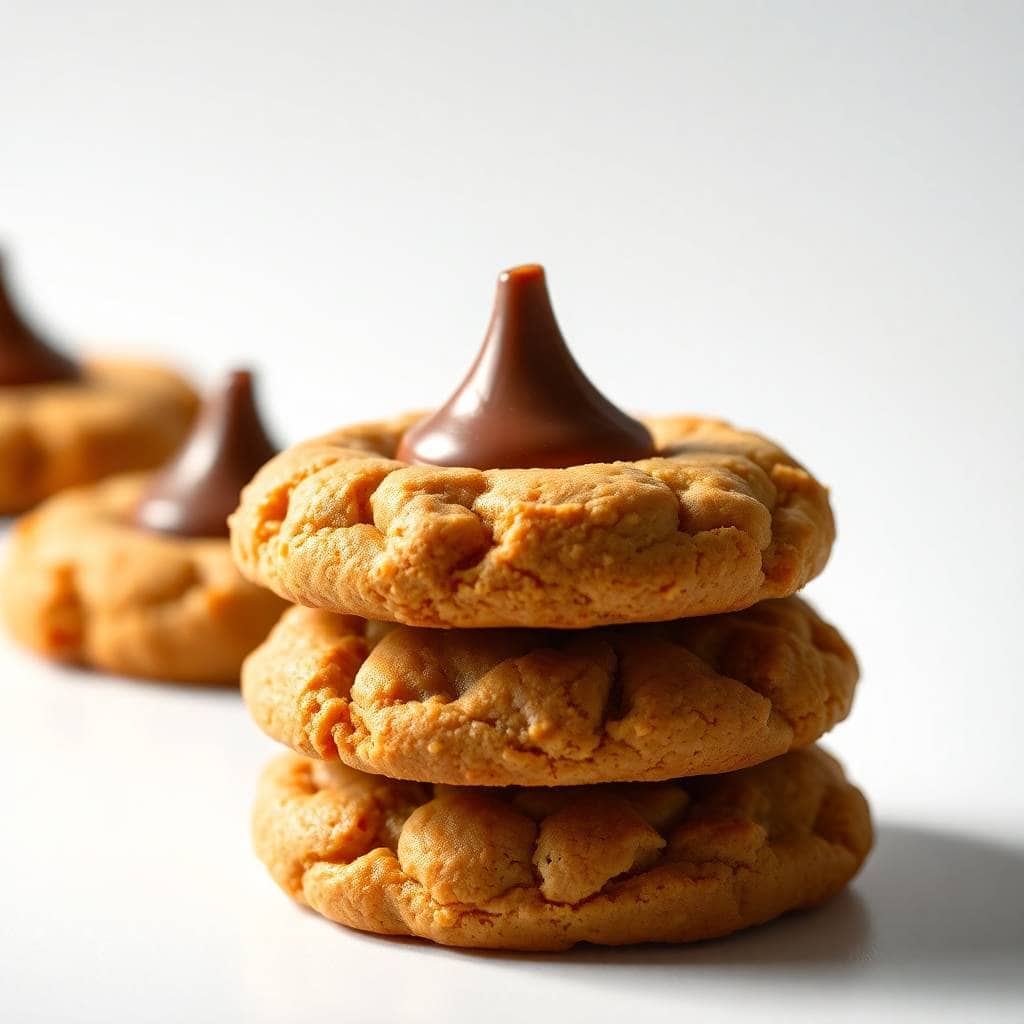 Stacked peanut butter kiss cookies with chocolate candy centers, golden-brown textured surface, on white background.