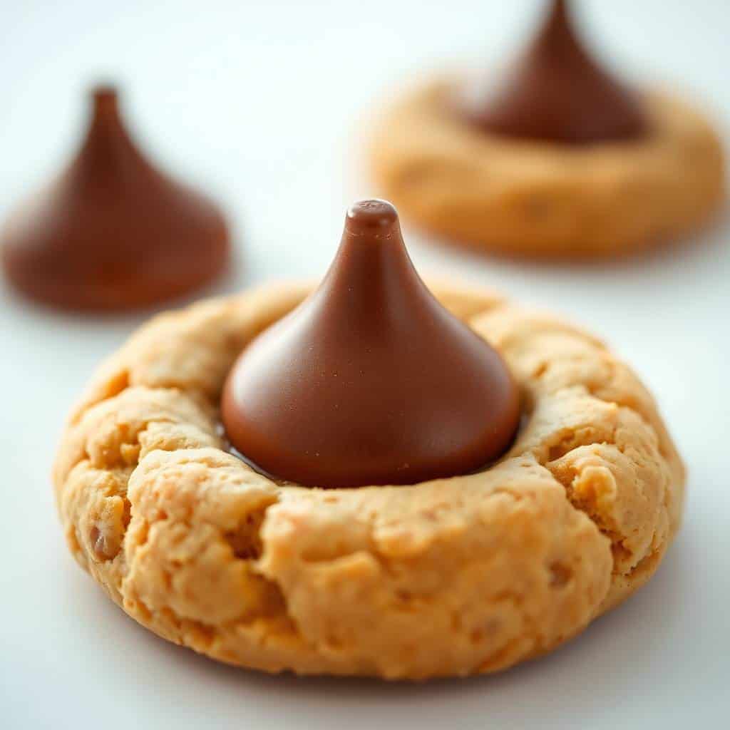 Peanut butter kiss cookies with chocolate Hershey's kisses on top, displayed on white surface.