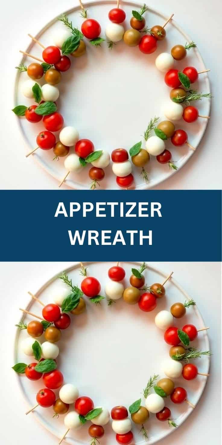 Appetizer wreath made with cherry tomatoes, mozzarella balls, and herbs on white plate.