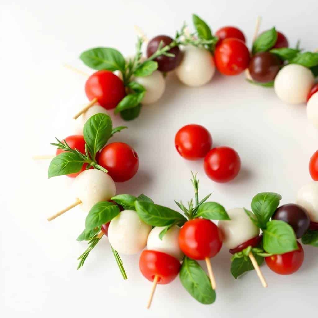 Caprese skewers arranged in a wreath pattern with cherry tomatoes, mozzarella balls, and fresh basil garnish.