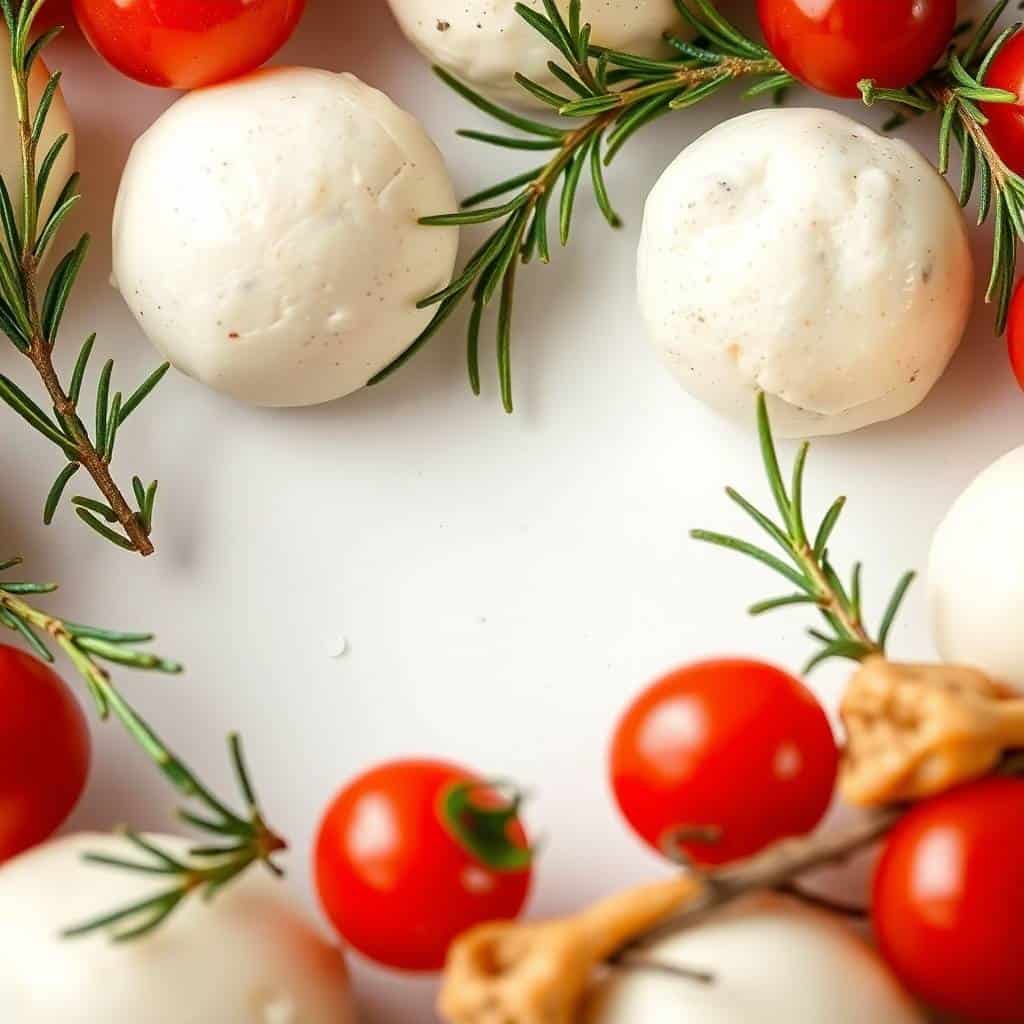 Caprese appetizer wreath with fresh mozzarella balls, cherry tomatoes, and rosemary sprigs arranged on white surface.