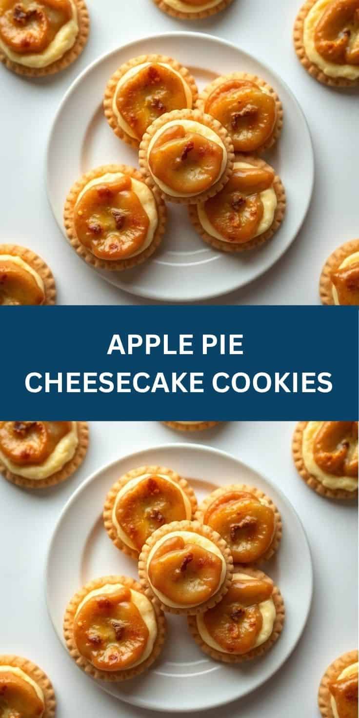 Apple pie cheesecake cookies with golden pastry shells and caramelized apple filling on white plates.