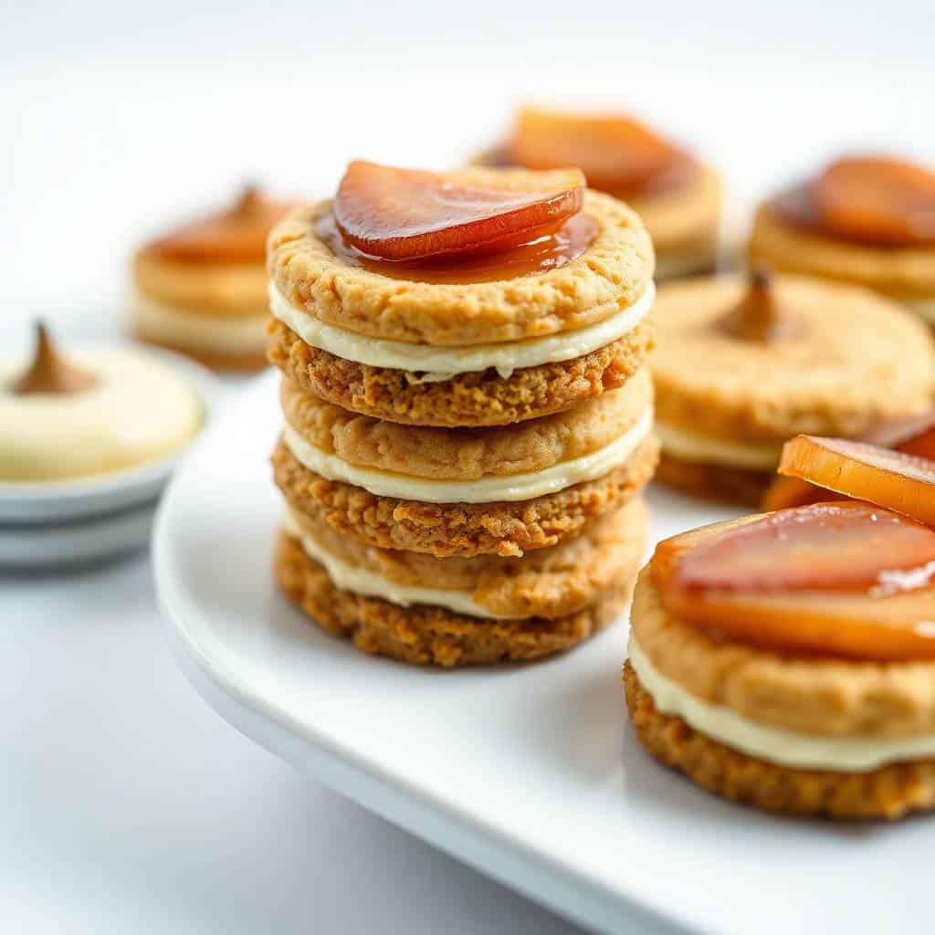 Apple pie cheesecake cookies stacked and plated, topped with apple slices on white plate.