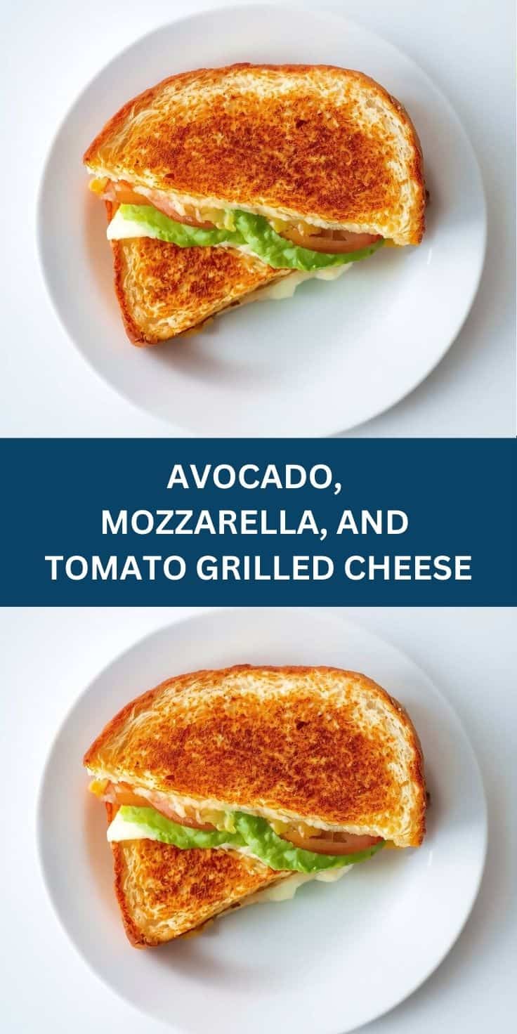 Golden-brown grilled cheese sandwich with melted mozzarella, fresh tomato, and avocado on white plate.
