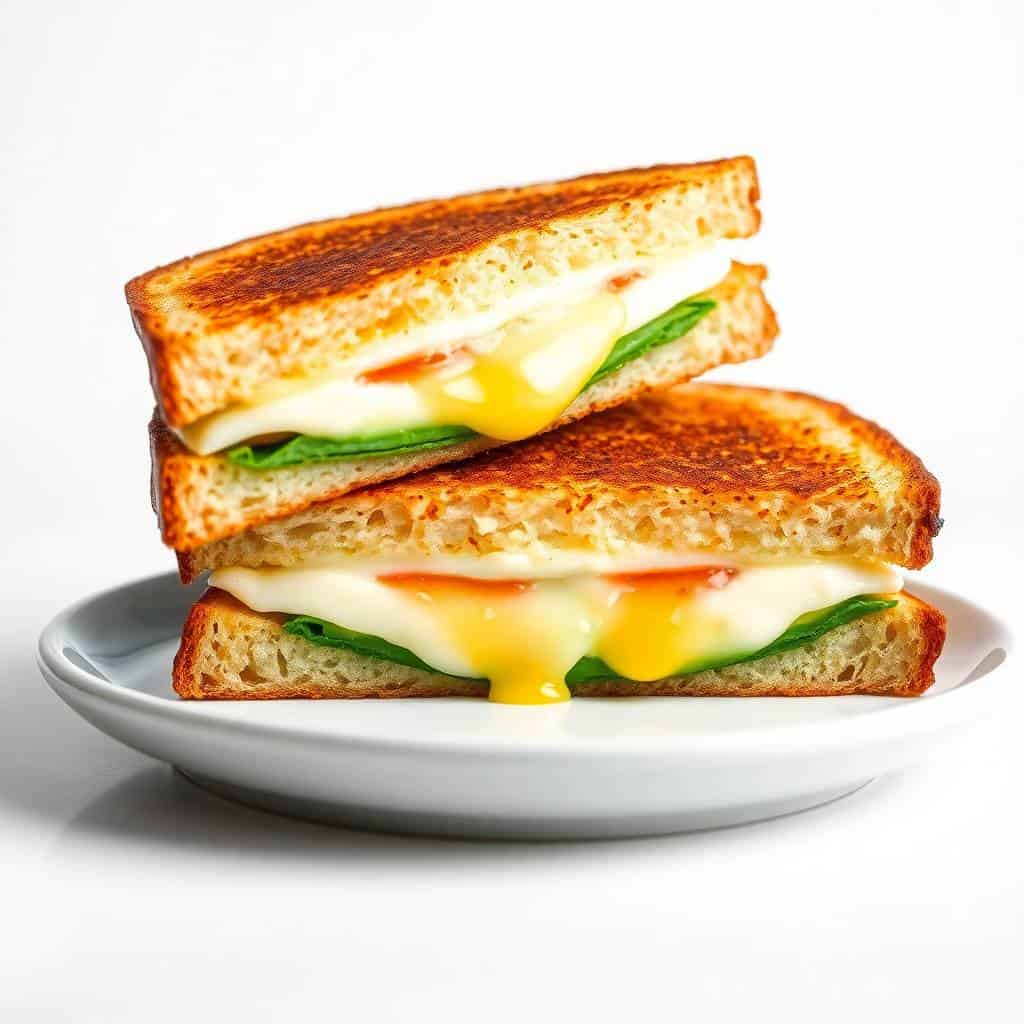 Golden-brown grilled cheese sandwich with melted mozzarella, avocado, and tomato on white plate.