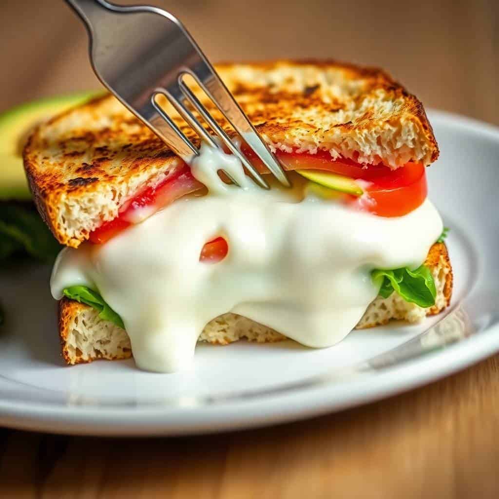 Grilled cheese sandwich with melted mozzarella, tomato, and avocado on toasted bread, fork cutting through layers.