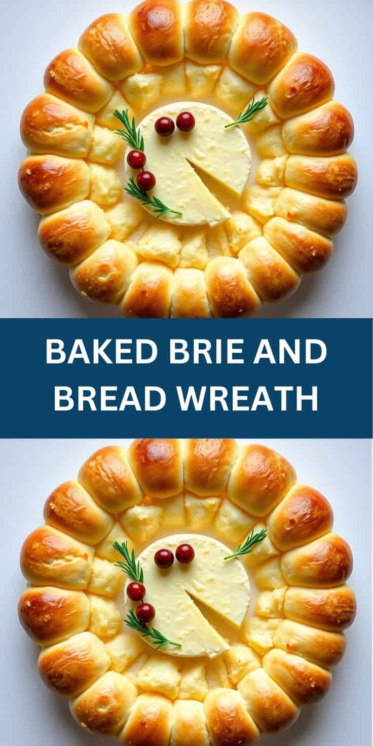 Baked brie and bread wreath with golden croissants arranged in circle, melted cheese center, fresh rosemary and cranberries.