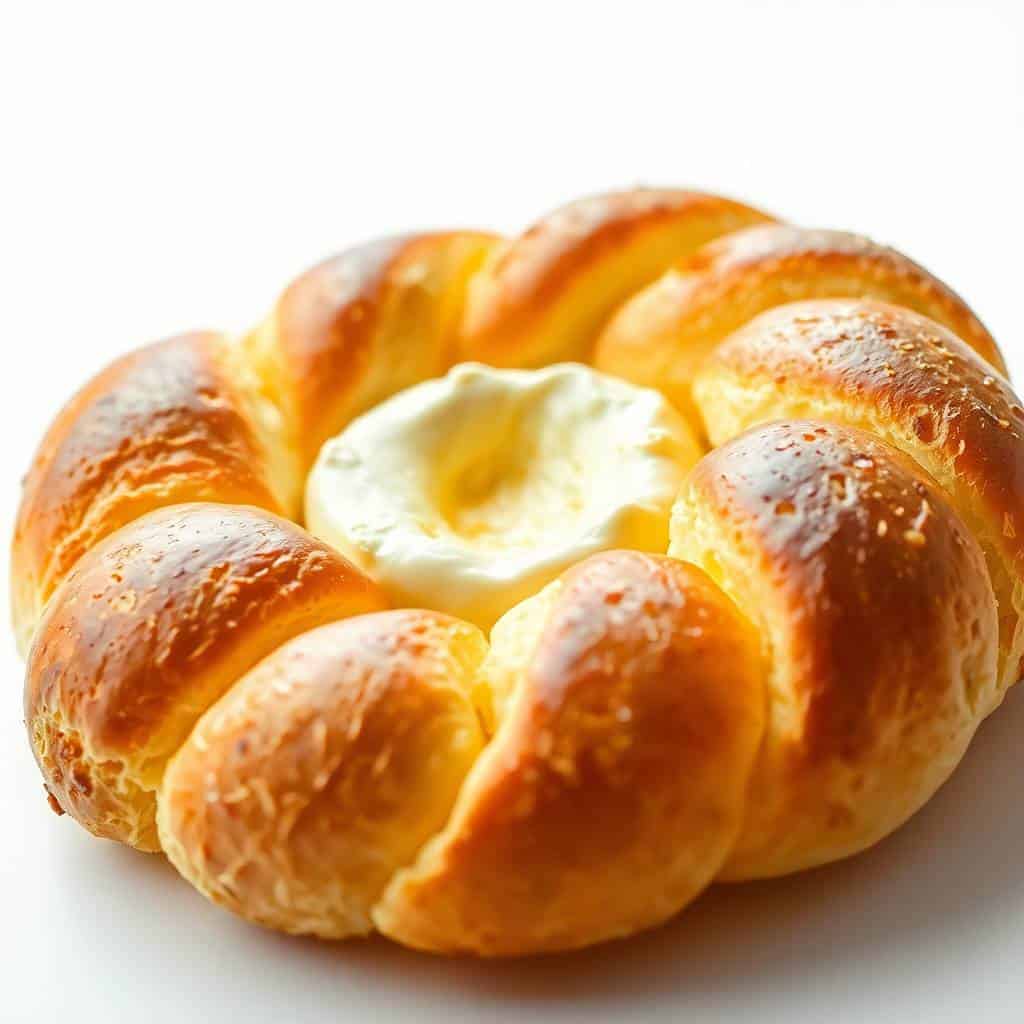 Golden braided bread wreath with melted brie cheese in center, coarse salt topping.