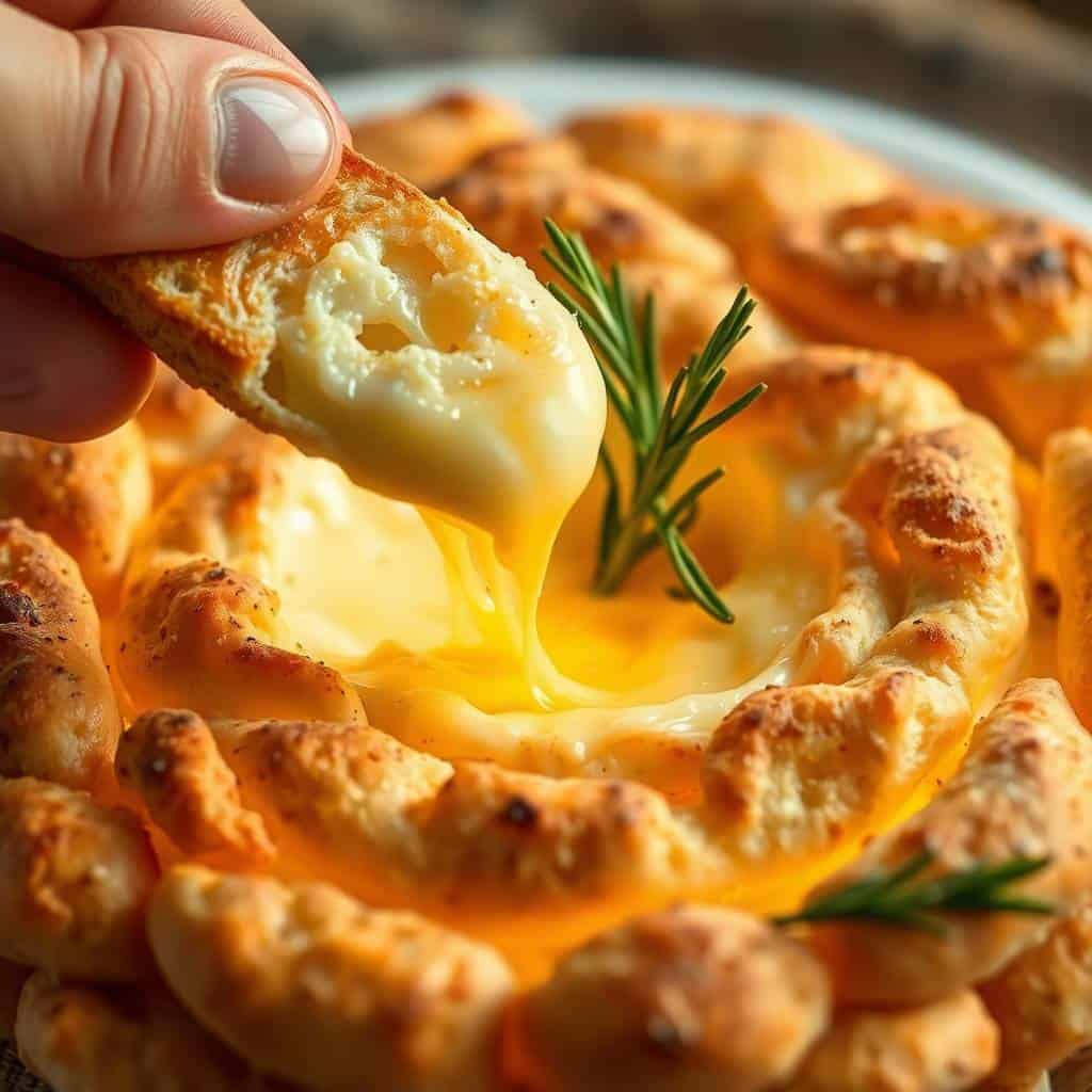 Hand holding melted baked brie with rosemary garnish surrounded by golden bread wreath.