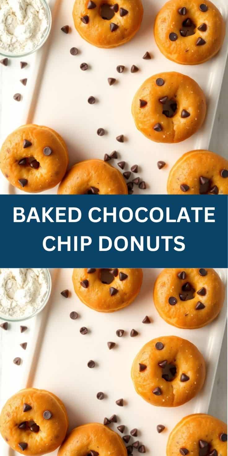 Golden baked chocolate chip donuts arranged on white surface with scattered chocolate chips and flour bowl.