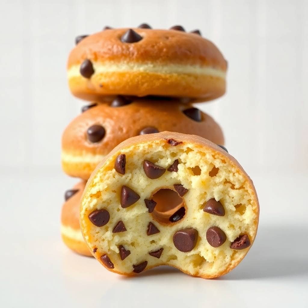 Baked chocolate chip donuts stacked with one cut in half, showing fluffy interior and chocolate chips throughout.