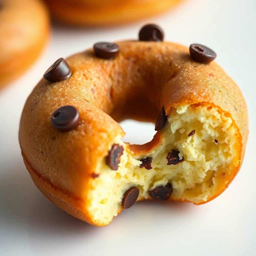 Baked chocolate chip donut with a bite removed, showing fluffy interior and chocolate chips on white surface.