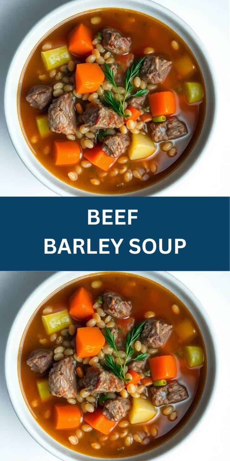 Two bowls of beef barley soup with tender beef chunks, pearl barley, carrots, potatoes, and rosemary garnish.