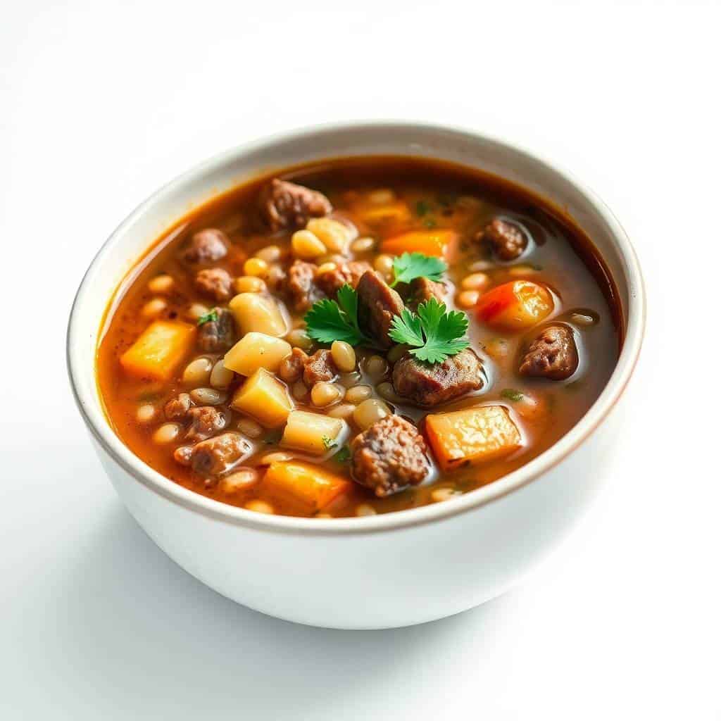 Beef barley soup in white bowl with meat, vegetables, legumes, and fresh cilantro garnish.
