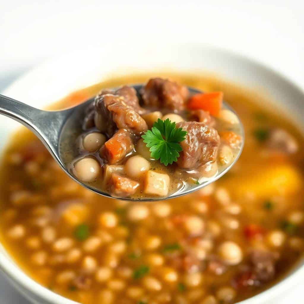 Spoonful of beef barley soup with tender meat, pearl barley, and carrots, garnished with fresh parsley.
